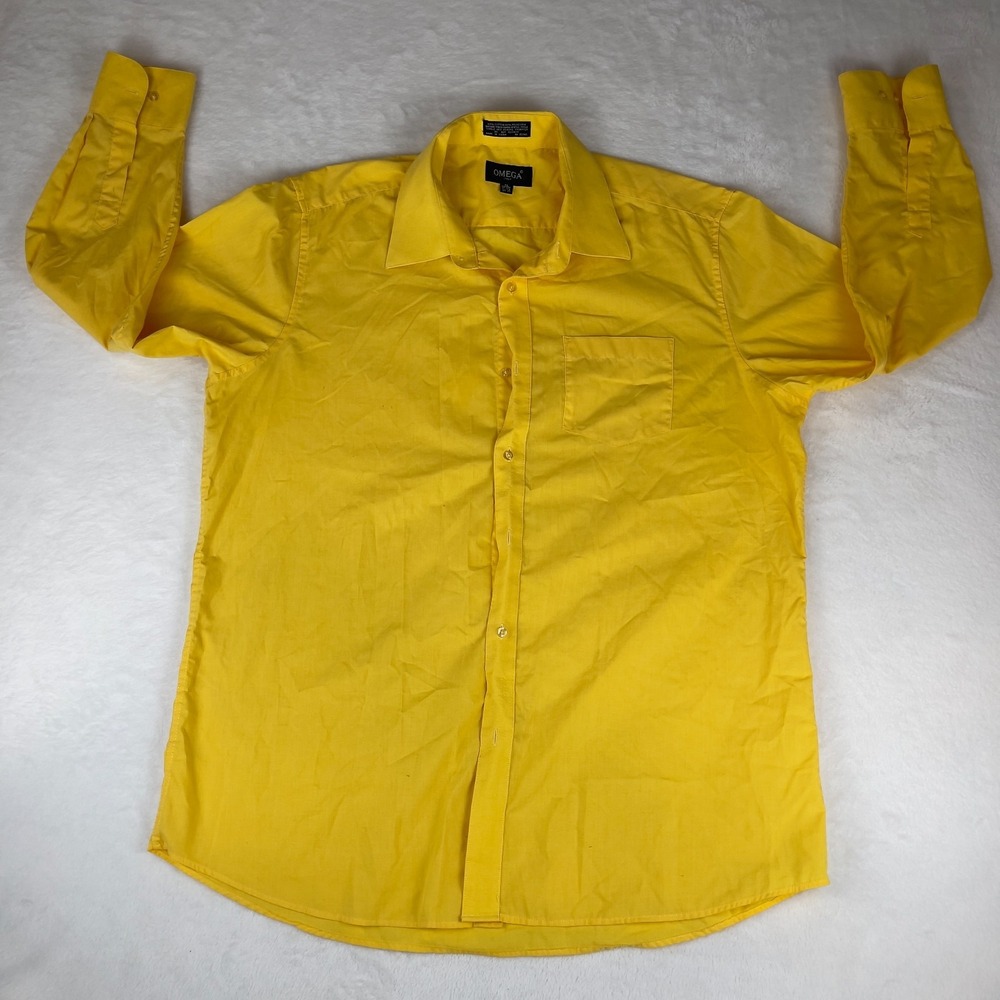 Omega Dress Shirt‎ Mens XL Yellow Plain Casual Long Sleeve Slim Fit Button Down